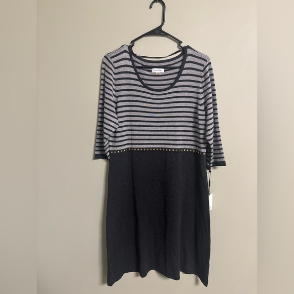 Calvin Klein Gray Black Striped Jersey  Dress Size Large New Knee Length - Picture 2 of 7